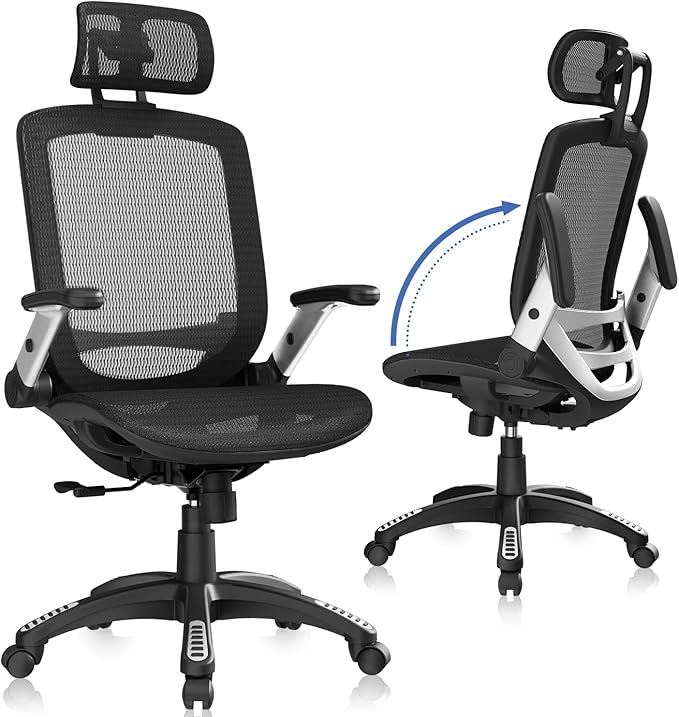 GABRYLLY Ergonomic Office Chair, High Back Home Desk Chair with Headrest, Flip-Up Arms, 90-120° Tilt Lock and Wide Cushion, Big and Tall Mesh Chairs for Man Woman, Black Task Chair