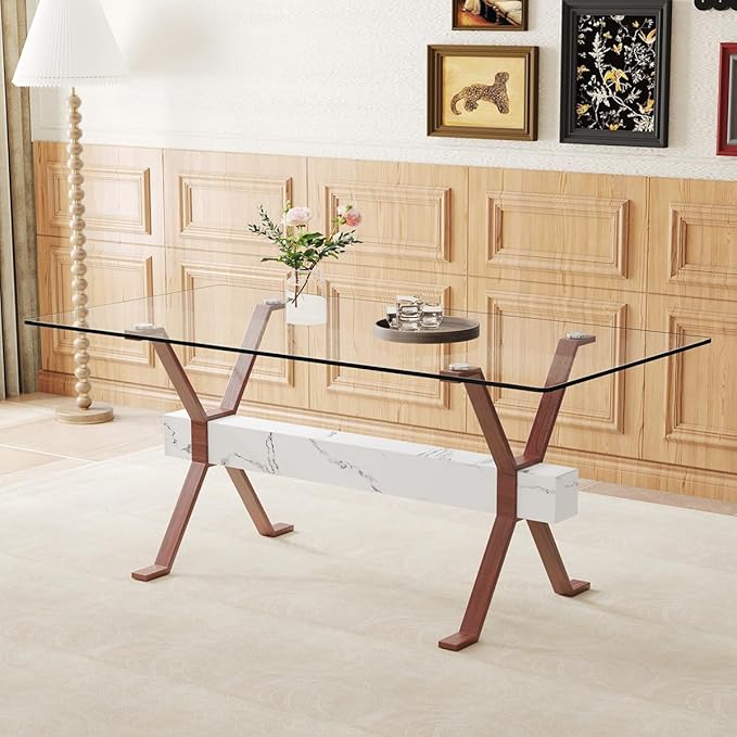 Glass Dining Table 71"｜Modern Dining Table for 6｜0.4" Thick Tempered Glass Top｜Walnut Pattern Metal Legs｜Marble Crossbar｜Easy Assembly｜Perfect for Dining Room or Kitchen