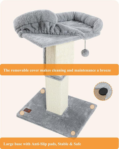 32" Cat Scratching Post for Indoor Cats, Sisal Cat Scratcher with Plush Perch, Large Scratch Post with Bed, Removable Cover, Sisal Fabric,Light Grey