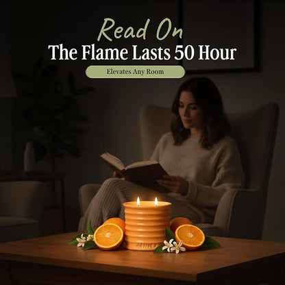 Scented Luxury Candles in Handmade Ceramic Jars, Soy Wax | Orange Blossom – Orange & Mimosa, Large Candle | Non Toxic, 2 Wicks, Reusable Big Orange Jar | Natural Spring Aromatherapy for Women & Men