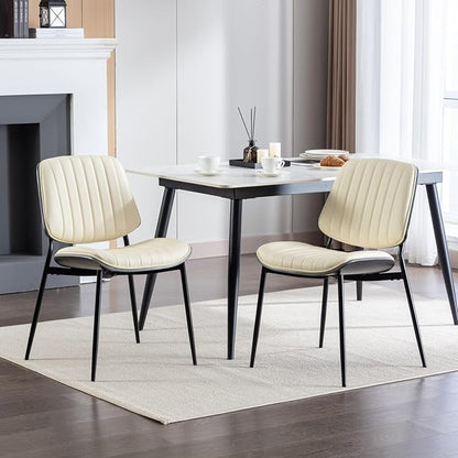 Dining Chairs Set of 6, Mid Century Modern Accent Dining Room and Kitchen Chairs, Upholstered PU Leather Vertical Stripe Chairs for Vanity with Walnut Bentwood and Metal Legs, Beige