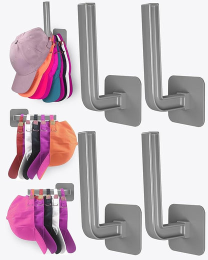 Hat Rack for Hat Storage, Multi-Purpose Hat Organizer (4-Pack), Strong Adhesive Hat Hooks for Wall, Hat Organizer for Baseball Caps, Two Mounting Options Hat Hook, Gray