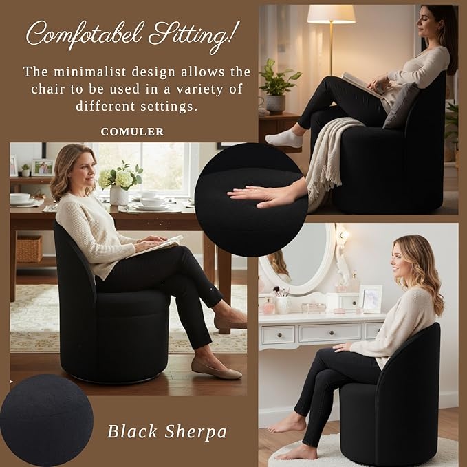 Modern Barrel Dining Chairs Set of 6, Swivel Base Black Sherpa Accent Chair 360°Rotating Mid-Century Dining Side Chair Kitchen Chair for Living Room, Bedroom, Home, Office, Kitchen