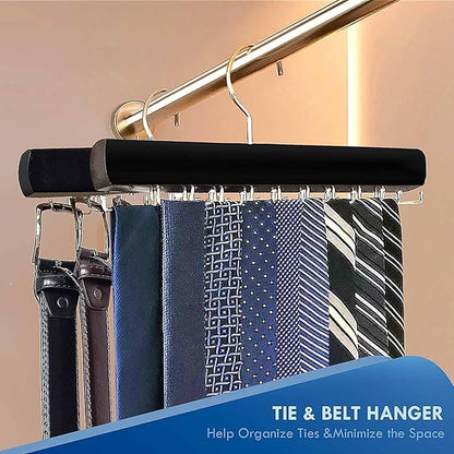 Tie Rack Hanger for Closet, Sleek Tie Hangers for Men with 18 Upgraded Folding Hooks, Space-Saving Tie Holder Neck Tie Organizer for Men Ties, Belts, Bras, Scarves, Tank Tops (Black)