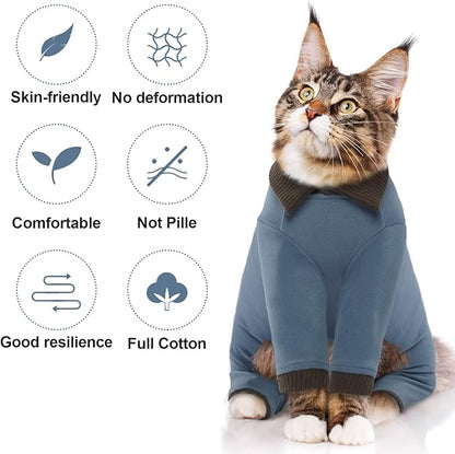 QBLEEV Cat Pajamas for Cats Only, Sticky Hair Cat Clothes, Cat Onesie for Cats After Surgery Female Male, Surgical Cat Recovery Suit Full Bodysuit, Long Sleeve Cat Shirts Outfits to Prevent Licking