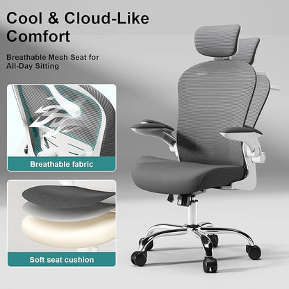 Ergonomic Gaming Chair with Adjustable Lumbar Support and Headrest, High Back Computer Chair for Office and Home Desk, 90-120° Reclining Swivel Task Chair with Flip-Up Arms(White-Grey)