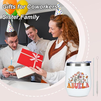 Abuela Grandma Birthday Gifts Wine Tumbler 12 oz Insulated Wine Glass Cup with Lid Straw Vacuum Insulated Travel Cup,Grandma Gifts from Granddaughter for Women Grandmother Christmas Mothers Day