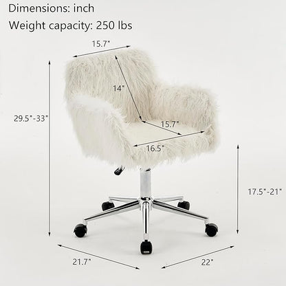 Goujxcy Fluffy Desk Chair, White Faux Fur Vanity Chair Swivel Office Chair for Girls Women, Height Adjustable Cute Plush Furry Makeup Chairs for Bedroom Home Office
