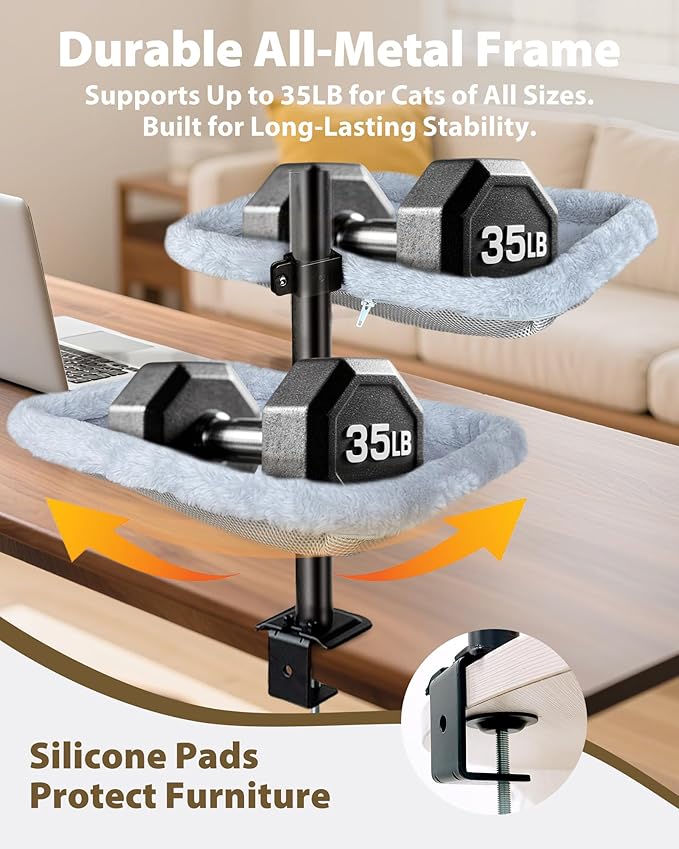 L&W BROS. Double Layer Cat Desk Bed – Adjustable Desk Nest with Swivel Mounts, Metal Frame, 45LB/Layer, Washable Covers, for Multi-Cat Homes