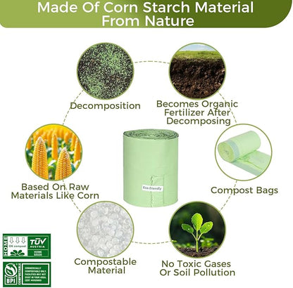 1.6 Gallon Compostable Trash Bags Drawstring, Heavy Duty Extra Thick 0.6 Mil, 6.06 Liter, 50 Bags, Small Kitchen Food Scrap Waste Bag, Unscented Pet Waste Bags, US BPI and OK Compost Home Certified