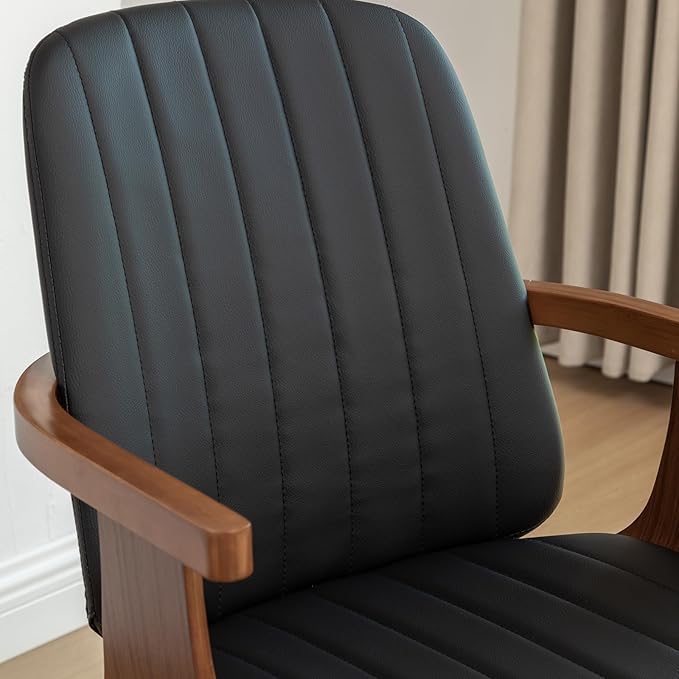 Set of 1 Swivel Dining Chairs, Kitchen Swivel Chairs with Walnut Craftsmanship, Upholstered Faux Leather, Wooden Arms and Legs, Walnut Dining Chairs for Kitchen/Living Room - Black