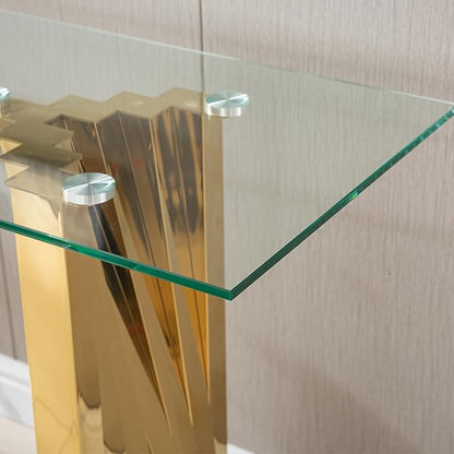 Goujxcy Modern Glass Console Table 55" Gold Entryway Table with Tempered Glass Top and Mirror Finish Stainless Steel Legs, Luxury Rectangular Sofa Table for Living Room Hallway Corridor Table (Gold)