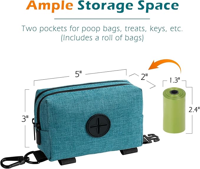 PetBonus Dog Poop Bag Holder, Portable Pet Waste Bag Dispenser, 2 Pouches for Treats and Walking Accessories, Fit All Leashes, Includes 1 Roll of Dog Poop Bags (Lagoon Blue)