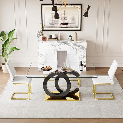 63'' Glass Dining Table Set for 4, Kitchen Table Chairs Set of 4, Clear Glass Dining Table with Black unique design Leg and Gold Metal Base, 4 PU Dining Chairs with Metal Legs, Living Room, Kitchen.