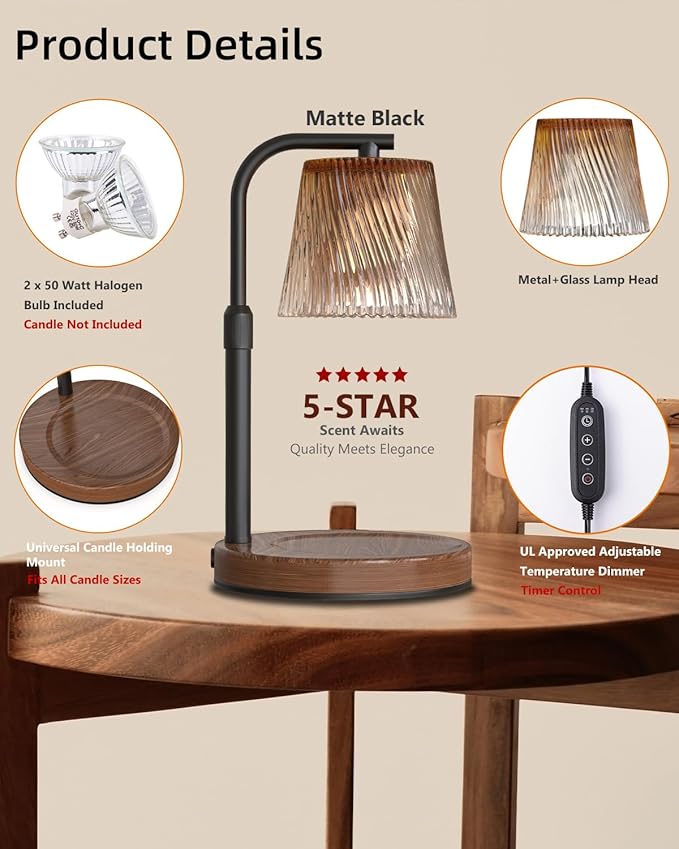 Candle Warmer Lamp with Timer Dimmable - Adjustable Electric Wax Melt Warmer Scented Large Jar Candles Lights, House Warming Birthday Gifts for Women, Glass Vintage New Home Living Room Decor, Brown