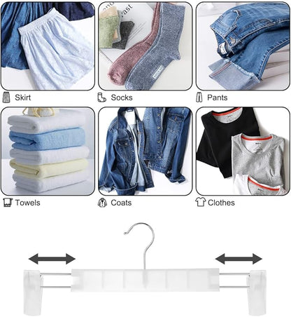 Clothes Pants Hangers, Space-Saving Skirt Holders with 360 ° Swivel Hooks, Adjustable Clips, Trouser Hangers, Clothes Coat Garment Jeans Hangers (30 Pack, Transparent)