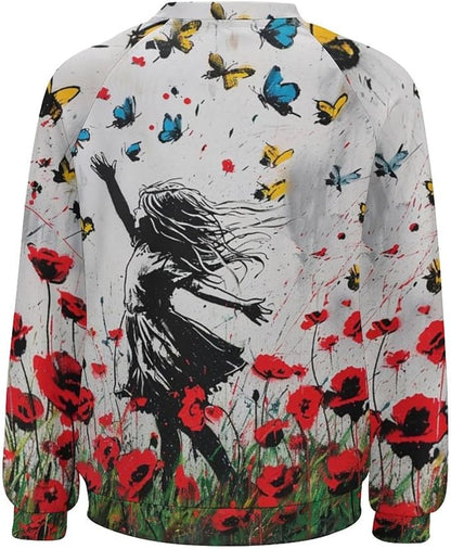 Long Sleeve Shirts for Women Cat Oil Painting Shirt 3D Graphic Sweatshirts Fall Pullover Crewneck Vintage Boho Tops