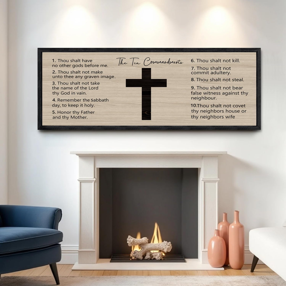 Ten Commandments Rustic Bible Verse Framed Wall Art 40" x 15" Black Religious Christian Slogan Representing God Jesus Christ Prayer Vintage Holy Inspirational Catholic Scripture Decor