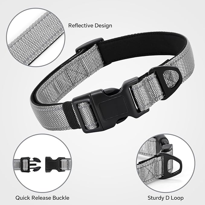 Reflective Dog Collar with Quick Release Buckle - Metal Ring - Adjustable Soft Neoprene Padded Basic Dog Collar for Small Medium Large Dogs (Darkgray, Medium :Width 1",Neck 13.8-19.6")