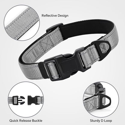Reflective Dog Collar with Quick Release Buckle - Metal Ring - Adjustable Soft Neoprene Padded Basic Dog Collar for Small Medium Large Dogs (Darkgray, Medium :Width 1",Neck 13.8-19.6")