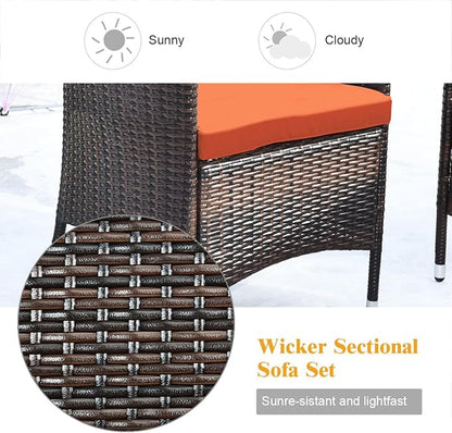 Tangkula 8 PCS Patio Rattan Conversation Set, Outdoor Wicker Furniture Set with Tempered Glass Coffee Table &Thick Cushion, Rattan Chair Wicker Set for Garden, Lawn, Poolside and Backyard (2, Orange)