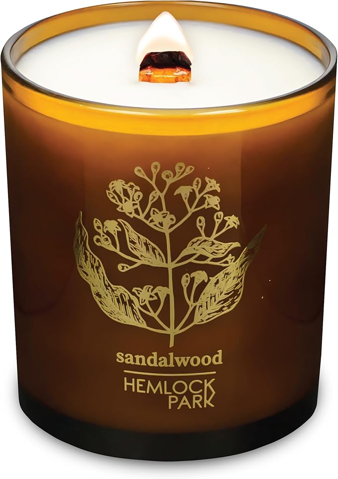 Hemlock Park Amber & Gold Wood Wick Candle Handcrafted with Natural Coconut Wax (Large 14 oz, Sandalwood)