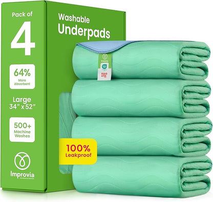 IMPROVIA® Washable Underpads, 34" x 52" (Pack of 4) - Heavy Absorbency Reusable Incontinence Pads for Kids, Adults, Elderly, and Pets - Waterproof Protective Pad for Bed, Couch, Sofa, Furniture, Floor