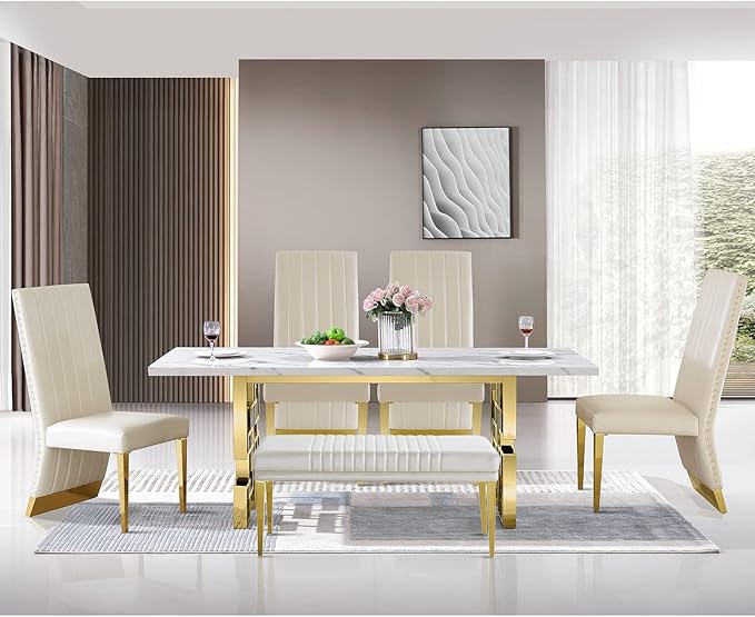 AUZ White Leather Dining Chairs Set of 6, Luxury White and Gold Upholstered Dining Room Chairs with Nailhead Trim, Modern Dining Chair with Polished Gold Metal Legs