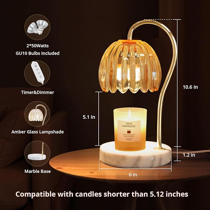 Candle Warmer Lamp with Timer, Electric Candle Warmer with 2 Bulbs for Scented Candles, Dimmable Wax Melt Warmer with Marble Base for Home Room Décor, Gifts for Women Mom