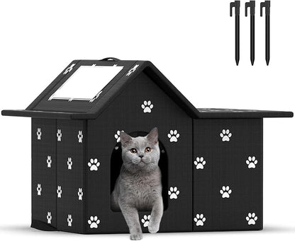Outdoor Cat House Weatherproof, Large Feral Cat House for Winter, Collapsible Outdoor Cats Shelter in Winter with Door and Soft Mat, Easy to Assemble (Black)