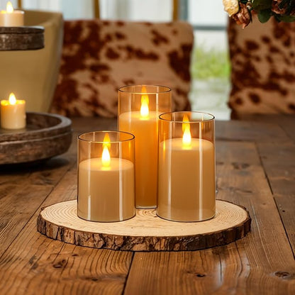 Homemory Realistic Flickering Flameless Candles, Battery Operated Candles with Remote Control and Timer, LED Fake Electric Candle for Home, Christmas Decoration, Gold, Set of 3