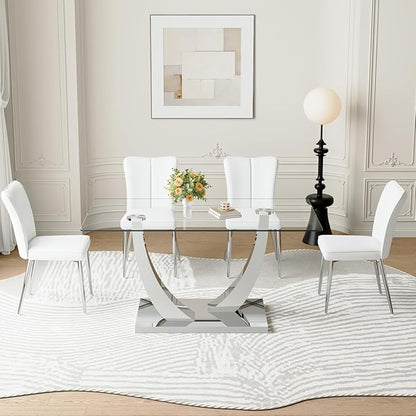 Glass Dining Table Set for 4,Dining Room Table Set for 4,Kitchen Table Set with 4 PU Leather Chairs,63'' Glass Dining Table Set with Silver U-Shaped Table Legs and Rectangular Base