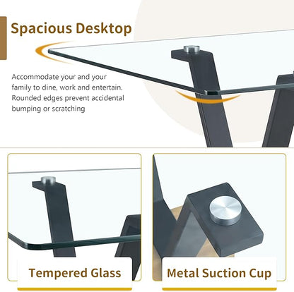 79" Glass Dining Table, Modern Kitchen Table, Modern Dining Table for 8, 0.4" Thick Tempered Glass Tabletop with Matte Black Metal Legs and Wooden Crossbar, Ideal for Dining Room, Kitchen