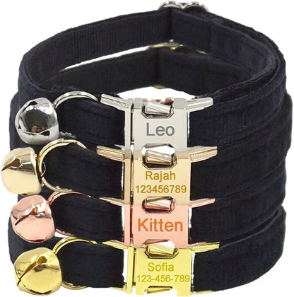 Personalized Cat Collar with Bells,Velvet Customized Small Cat Collar with Name Tag,Pet Collar with Name Phone Number Engraved ID Tags for Boy and Girl Kitten Cats (Black)