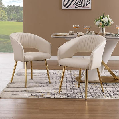 Modern Dining Chairs Set of 4, Upholstered PU Leather Gold Dining Room Chairs with Hollow Back, Accent Armrest Kitchen Chairs with Gold Legs for Living Room Cream