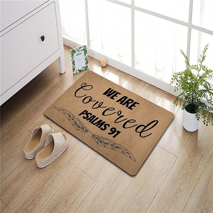 Funny Welcome Doormat (23.7 in X 15.6 in) Anti-Slip Rubber Back Entrance Way Indoor Front Porch Decor Rugs House Warming Gift (We are Covered Psalms 91)