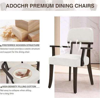 Modern Wood Dining Chairs with Arms Set of 2, Velvet Upholstered Kitchen Chairs with Open Curved Backrest & Black Hardwood Legs, Accent Chairs 350 LBS Capacity, White
