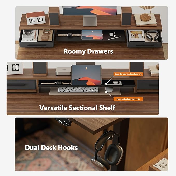 Agilestic 55 Inch Electric Standing Desk with Drawers, Adjustable Desk with Storage Shelf, Stand Up Home Office Computer Table, Splice Board, Dark Walnut