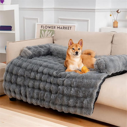 FUNNY FUZZY Pet Fluffy Plush Calming Dog Couch Bed Sofa Protector Washable Pets Mat for Large Medium Small Dogs and Cats (Grey,47.24 × 37.4 × 6.3 in)