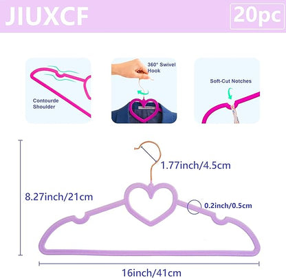 Velvet Hangers 20 Pack, 360° Swivel Rose Gold Hooks, 16" Non Slip Heart Hanger, Thin Clothes Hangers, Durable & Cute Felt Hanger for Adult (Light Purple)
