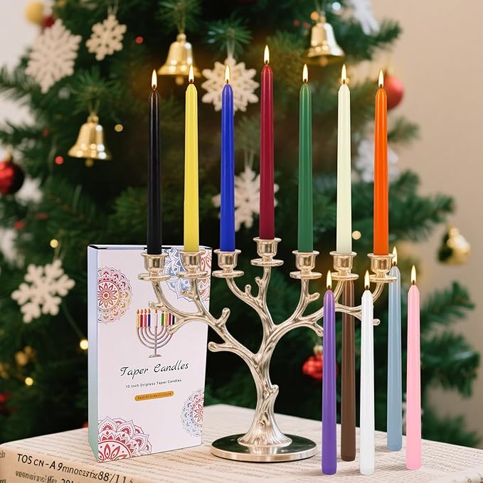 24 Colored Taper Candles, 7-8 Hours Burn Time, Unscented, Smokeless and Dripless, 0.75 x 10 Inch Dinner Candle Set for Household, Wedding, Party and Home Décor Candlesticks
