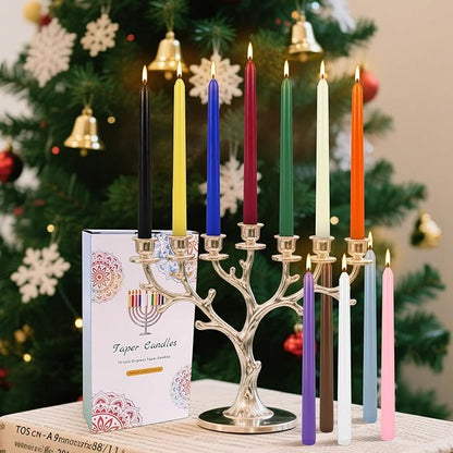 24 Colored Taper Candles, 7-8 Hours Burn Time, Unscented, Smokeless and Dripless, 0.75 x 10 Inch Dinner Candle Set for Household, Wedding, Party and Home Décor Candlesticks