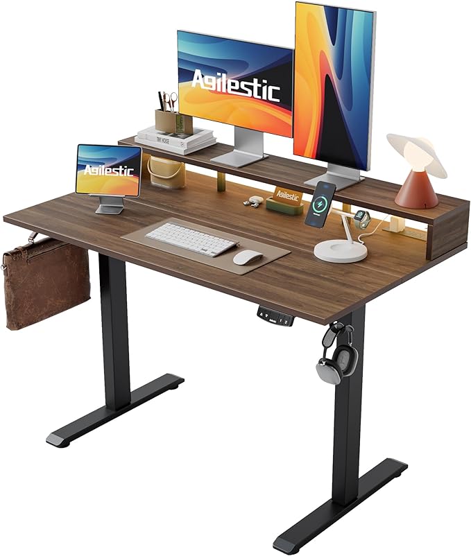 Electric Height Adjustable Standing Desk with Power Outlet and LED Light Strip, Sit to Stand, Ergonomic 48x24 Rising Desk with Memory Presets, Home Office Workstation, Computer Gaming Table, Walnut