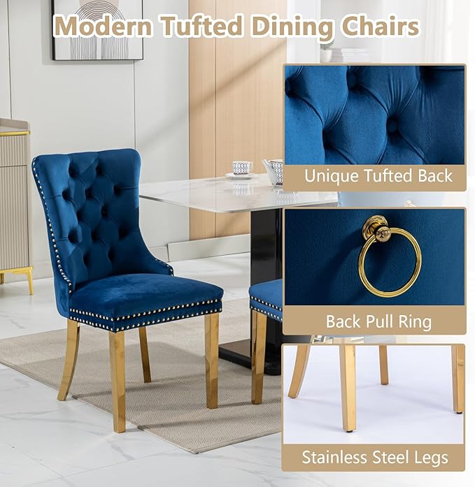 Goujxcy Modern 7 Piece Glass Dining Table Set Luxury Glass Kitchen Table and Chair Set for 6, 70" Large Rectangular Dining Room Table with 6 Tufted Chairs and Stainless Steel Legs (Gold & Blue)