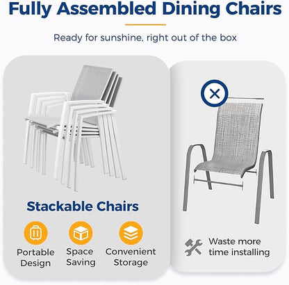 9 Piece Aluminum Outdoor Patio Dining Sets with Fully Assembled Dining Chair，91.3"L×39.4"W Expandable Patio Table and Chairs Set for 8, Stackable Chairs with Quick Drying Fabric, White