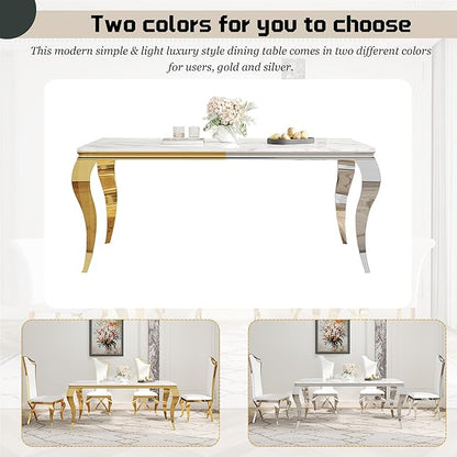7-Piece Dining Table Set for 6, Modern Dining Room Set with 70'' Marble Dinner Table and 6 High-Back Upholstered Chairs, Stainless Steel Legs Table & Chair Set for Kitchen, White & Gold