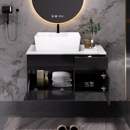 Goujxcy 31.5" Wall Mounted Bathroom Vanity with Sink, Modern Floating Bathroom Cabinet with Ceramic Sink & Storage, Wood Hanging Bath Room Cabinet with Soft-Close System (White & Black)