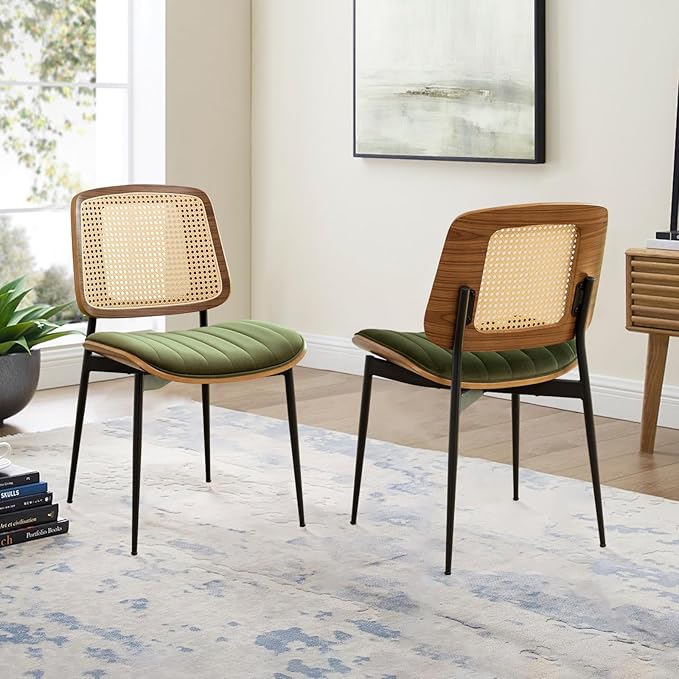 LUNLING Dining Chairs Set of 2 Mid Century Modern Retro Green Velvet Kitchen Chairs with Walnut Bentwood Upholstered Seat Metal Legs Adjustable Foot for Kitchen Dining Room Chairs(Green Fabric)