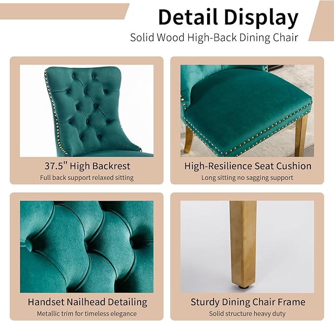 Luxury Upholstered Dining Chairs Set of 6, Green Kitchen Chair with Golden Metal Legs, Velvet Tufted Back Dining Chair, Sillas de Comedor, Modern Kitchen & Dining Room Chairs (Green, 6 Pcs)