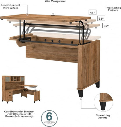 Bush Furniture Somerset 72W 3 Position Sit to Stand L Shaped Desk with Hutch in Fresh Walnut Adjustable Height Table for Home Office